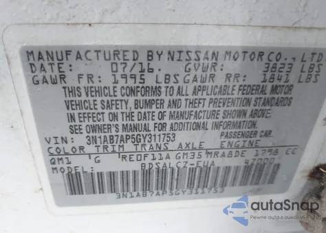 2016 Nissan Sentra Fe+ S from USA, damaged, VIN 3N1AB7AP5GY311753